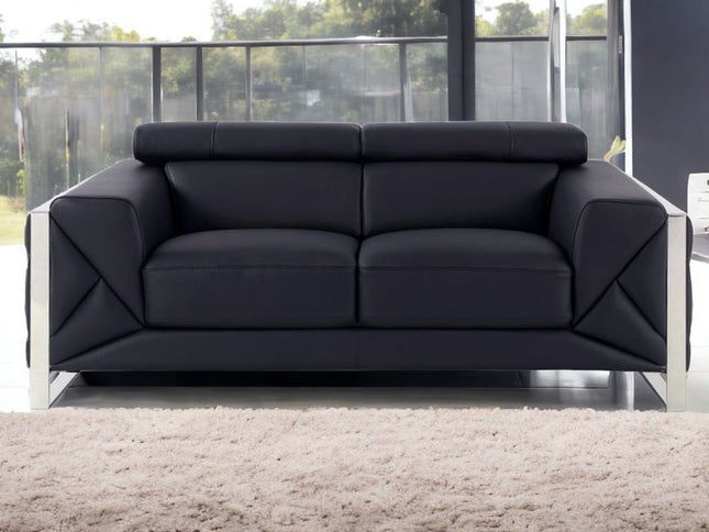 75" Black And Silver Italian Leather Loveseat