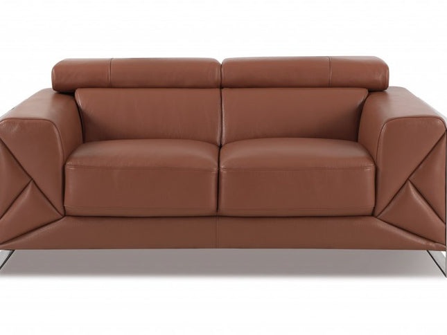 75" Camel And Silver Italian Leather Loveseat