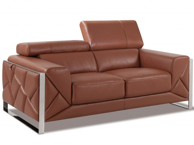 75" Camel And Silver Italian Leather Loveseat