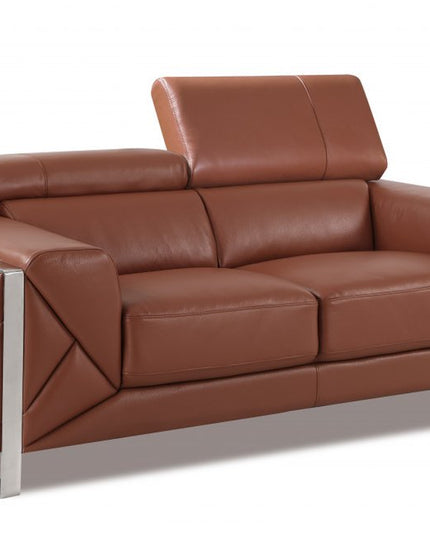 75" Camel And Silver Italian Leather Loveseat