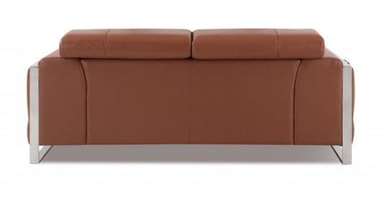 75" Camel And Silver Italian Leather Loveseat