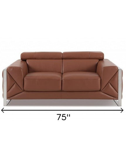 75" Camel And Silver Italian Leather Loveseat