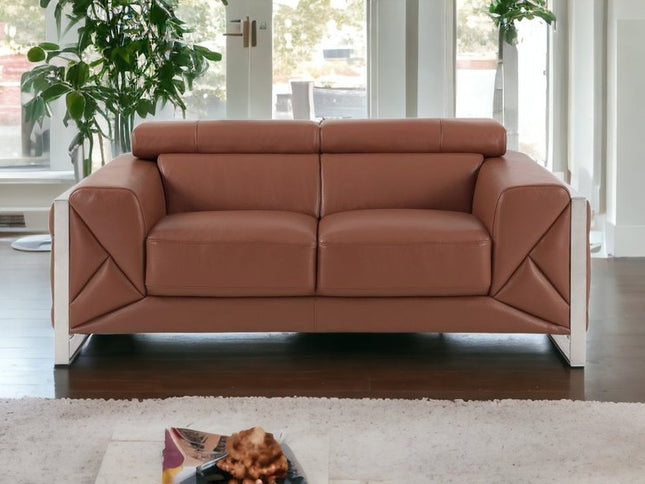 75" Camel And Silver Italian Leather Loveseat