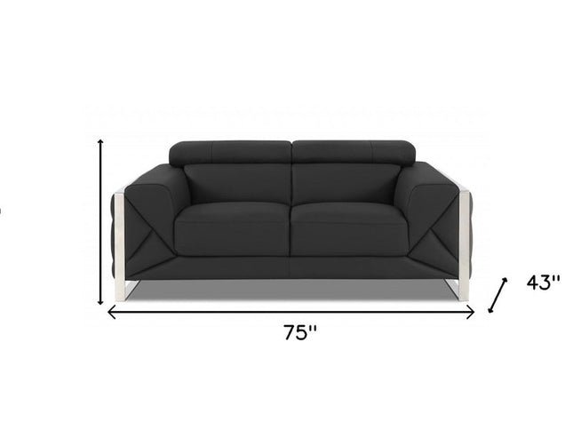 75" Gray And Silver Italian Leather Loveseat