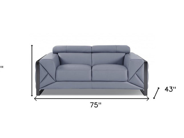 75" Light Blue And Black Italian Leather Loveseat