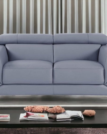 75" Light Blue And Black Italian Leather Loveseat