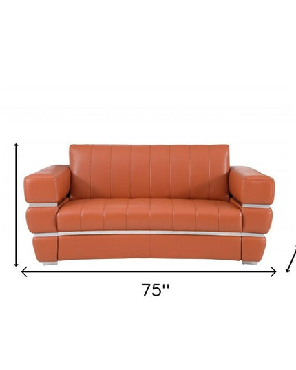 75" Camel And Silver Italian Leather Loveseat