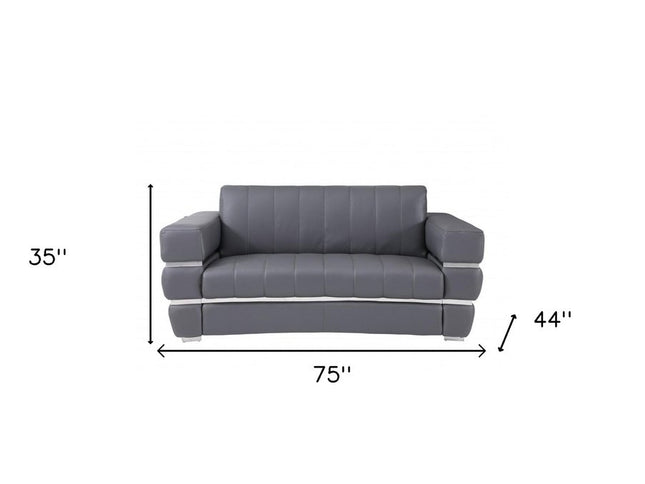 75" Gray And Silver Italian Leather Loveseat