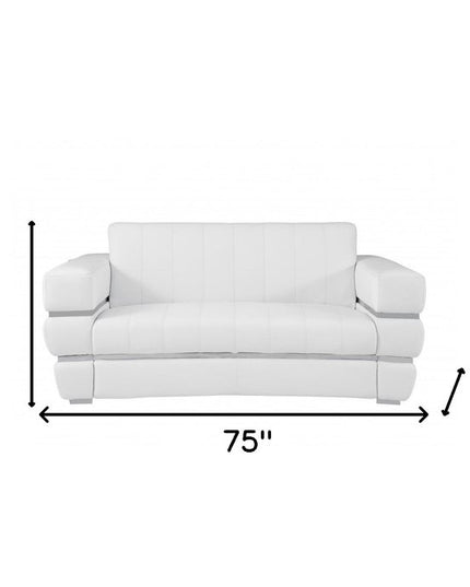 75" White And Silver Italian Leather Loveseat