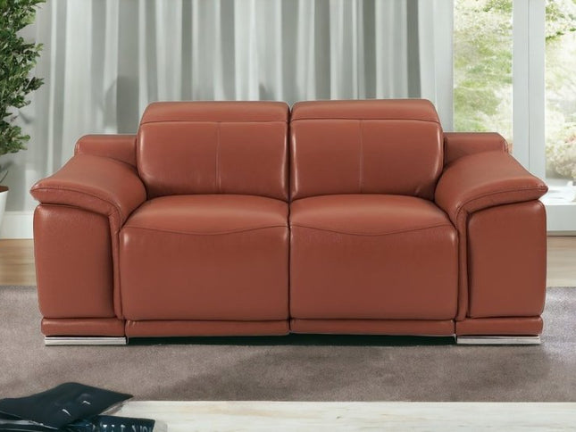 72" Camel And Silver Italian Leather Power Reclining Loveseat