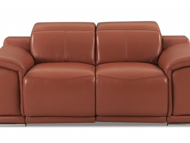 72" Camel And Silver Italian Leather Power Reclining Loveseat