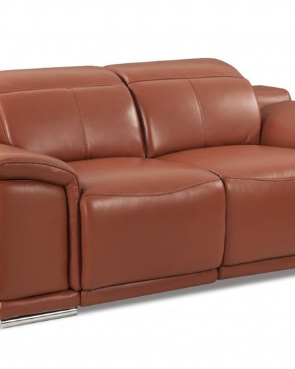 72" Camel And Silver Italian Leather Power Reclining Loveseat