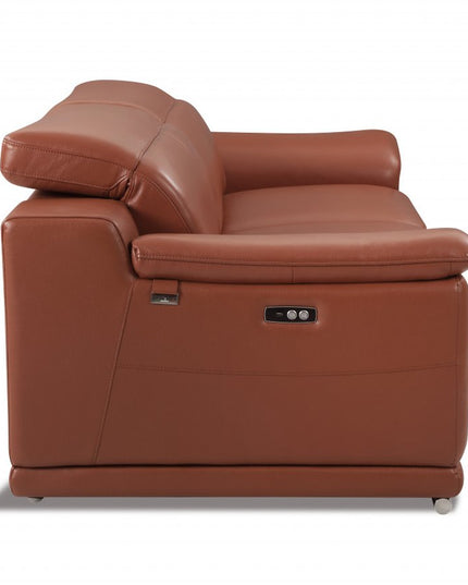 72" Camel And Silver Italian Leather Power Reclining Loveseat