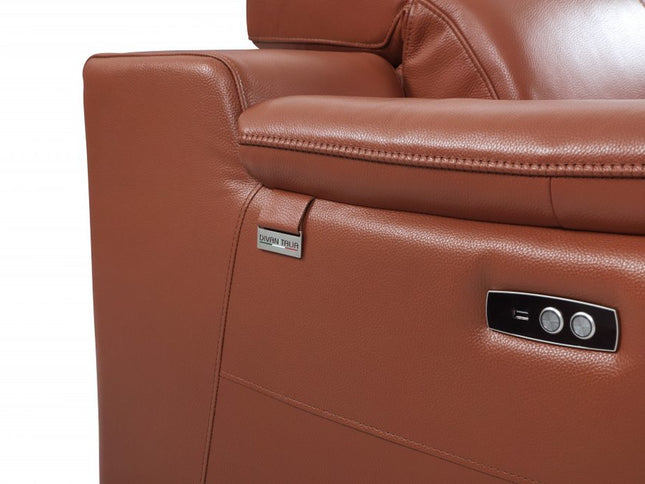 72" Camel And Silver Italian Leather Power Reclining Loveseat