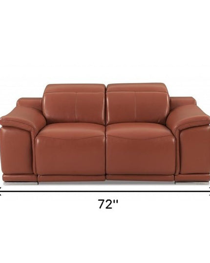 72" Camel And Silver Italian Leather Power Reclining Loveseat