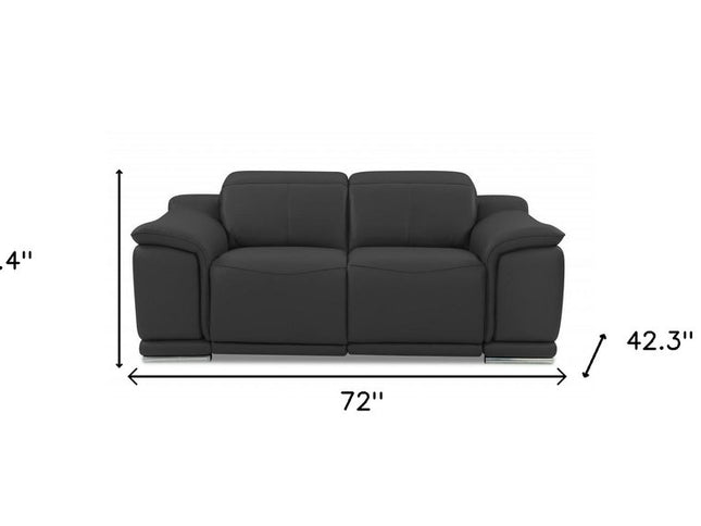 72" Gray And Silver Italian Leather Power Reclining Loveseat