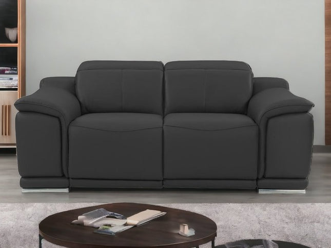 72" Gray And Silver Italian Leather Power Reclining Loveseat