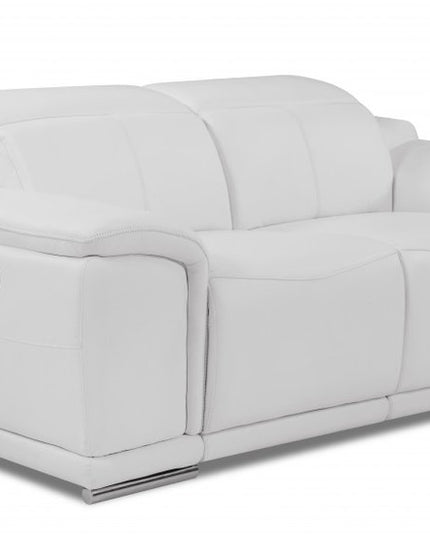 72" White And Silver Italian Leather Power Reclining Loveseat