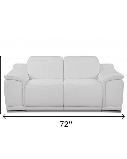 72" White And Silver Italian Leather Power Reclining Loveseat