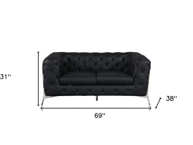 69" Black And Silver Italian Leather Loveseat