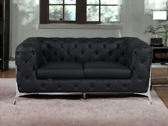 69" Black And Silver Italian Leather Loveseat