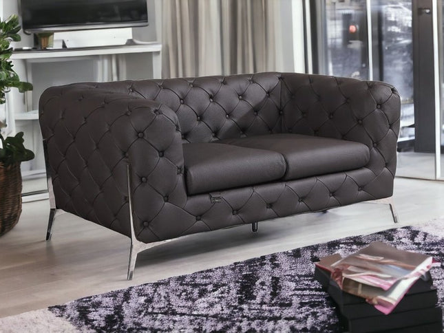 69" Brown And Silver Italian Leather Loveseat