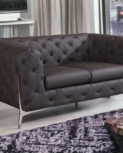 69" Brown And Silver Italian Leather Loveseat