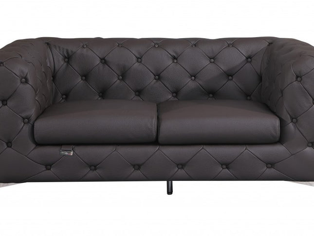 69" Brown And Silver Italian Leather Loveseat