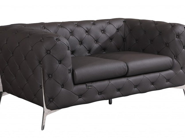 69" Brown And Silver Italian Leather Loveseat
