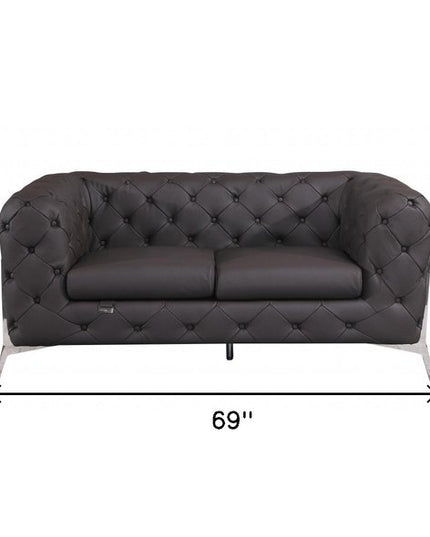 69" Brown And Silver Italian Leather Loveseat