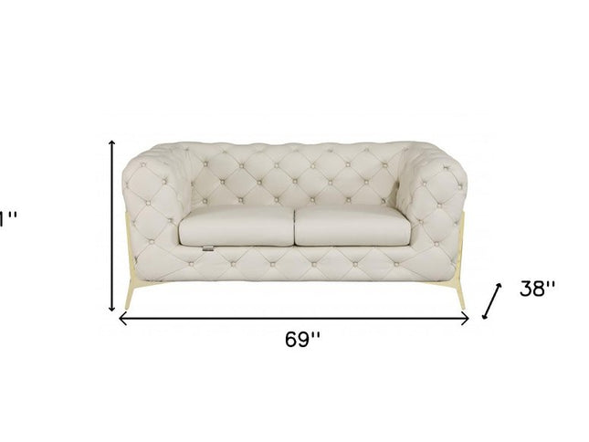 69" Beige And Gold Italian Leather Loveseat