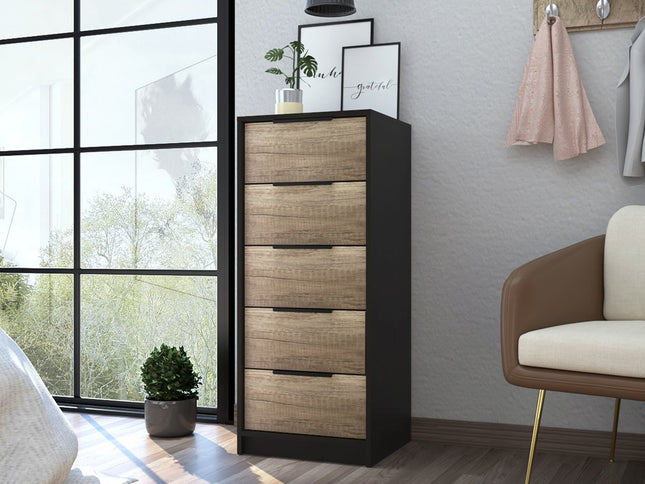 42" Black And Light Oak Manufactured Wood Five Drawer Chest