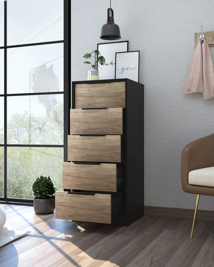 42" Black And Light Oak Manufactured Wood Five Drawer Chest