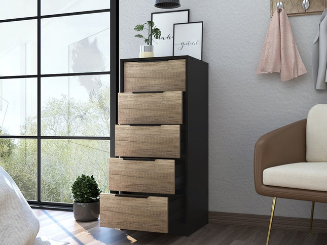 42" Black And Light Oak Manufactured Wood Five Drawer Chest