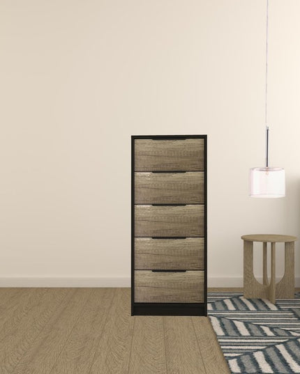 42" Black And Light Oak Manufactured Wood Five Drawer Chest