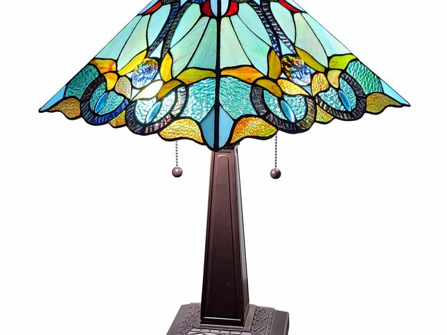 23" Dark Brown Metal Two Light Table Lamp With Blue and Green Cone Shade