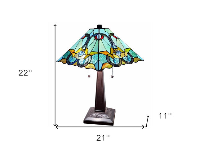 23" Dark Brown Metal Two Light Table Lamp With Blue and Green Cone Shade