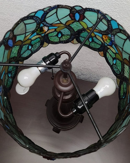 22" Dark Brown Metal Two Light Candlestick Table Lamp With Green Shade