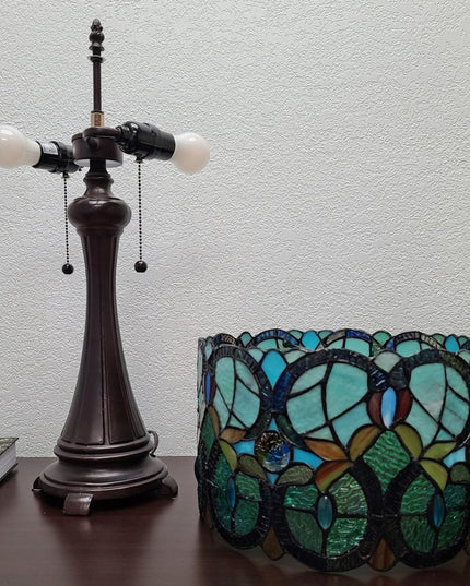 22" Dark Brown Metal Two Light Candlestick Table Lamp With Green Shade