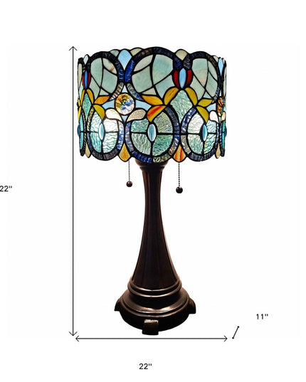 22" Dark Brown Metal Two Light Candlestick Table Lamp With Green Shade