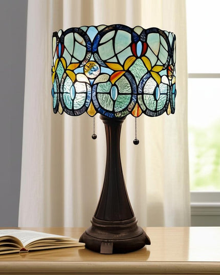 22" Dark Brown Metal Two Light Candlestick Table Lamp With Green Shade