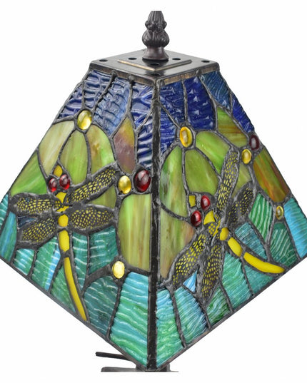 15" Dark Brown Metal Candlestick Table Lamp With Green Empire Shade