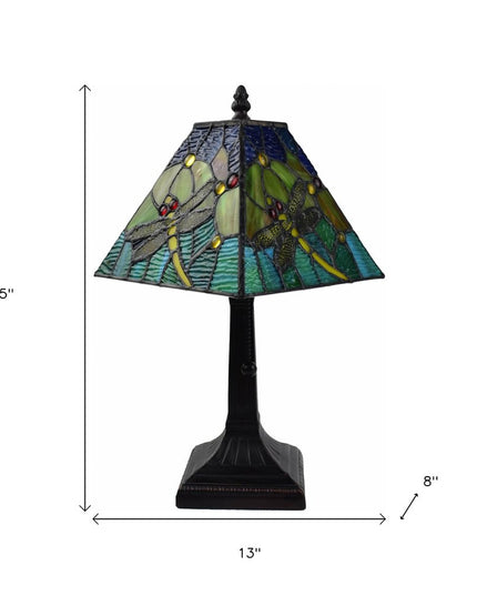 15" Dark Brown Metal Candlestick Table Lamp With Green Empire Shade