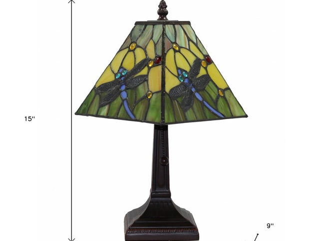 15" Dark Brown Metal Candlestick Table Lamp With Green Empire Shade