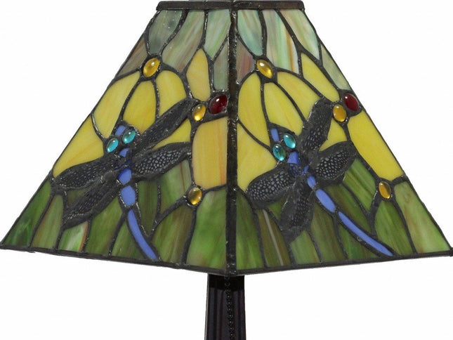 15" Dark Brown Metal Candlestick Table Lamp With Green Empire Shade