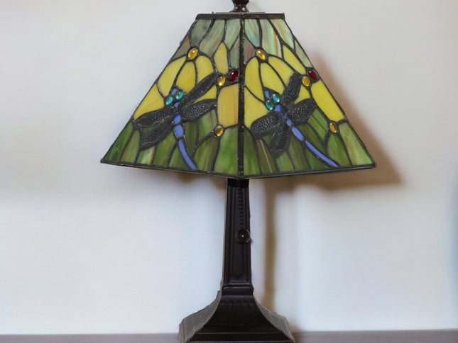 15" Dark Brown Metal Candlestick Table Lamp With Green Empire Shade