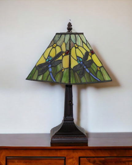 15" Dark Brown Metal Candlestick Table Lamp With Green Empire Shade