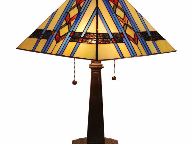 22" Dark Brown Metal Two Light Candlestick Table Lamp With Blue Empire Shade