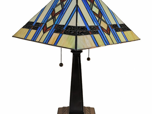 22" Dark Brown Metal Two Light Candlestick Table Lamp With Blue Empire Shade