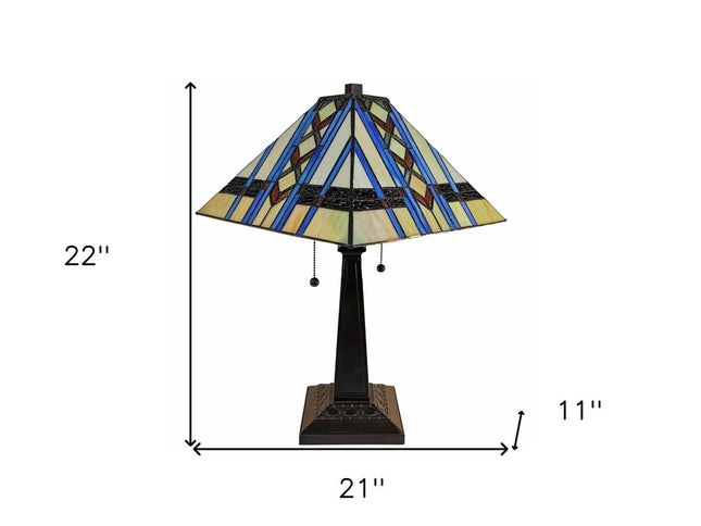 22" Dark Brown Metal Two Light Candlestick Table Lamp With Blue Empire Shade